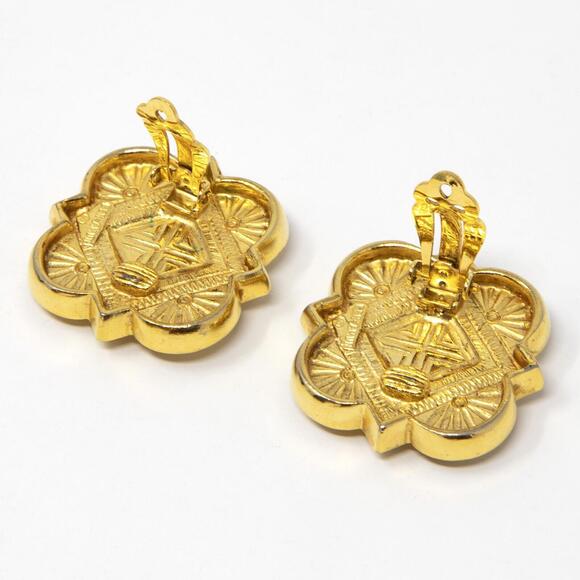 Vintage Rare Shape Signed Ben-Amun Gold Tone Green Rhinestone Clip On Earrings - Picture 8 of 11